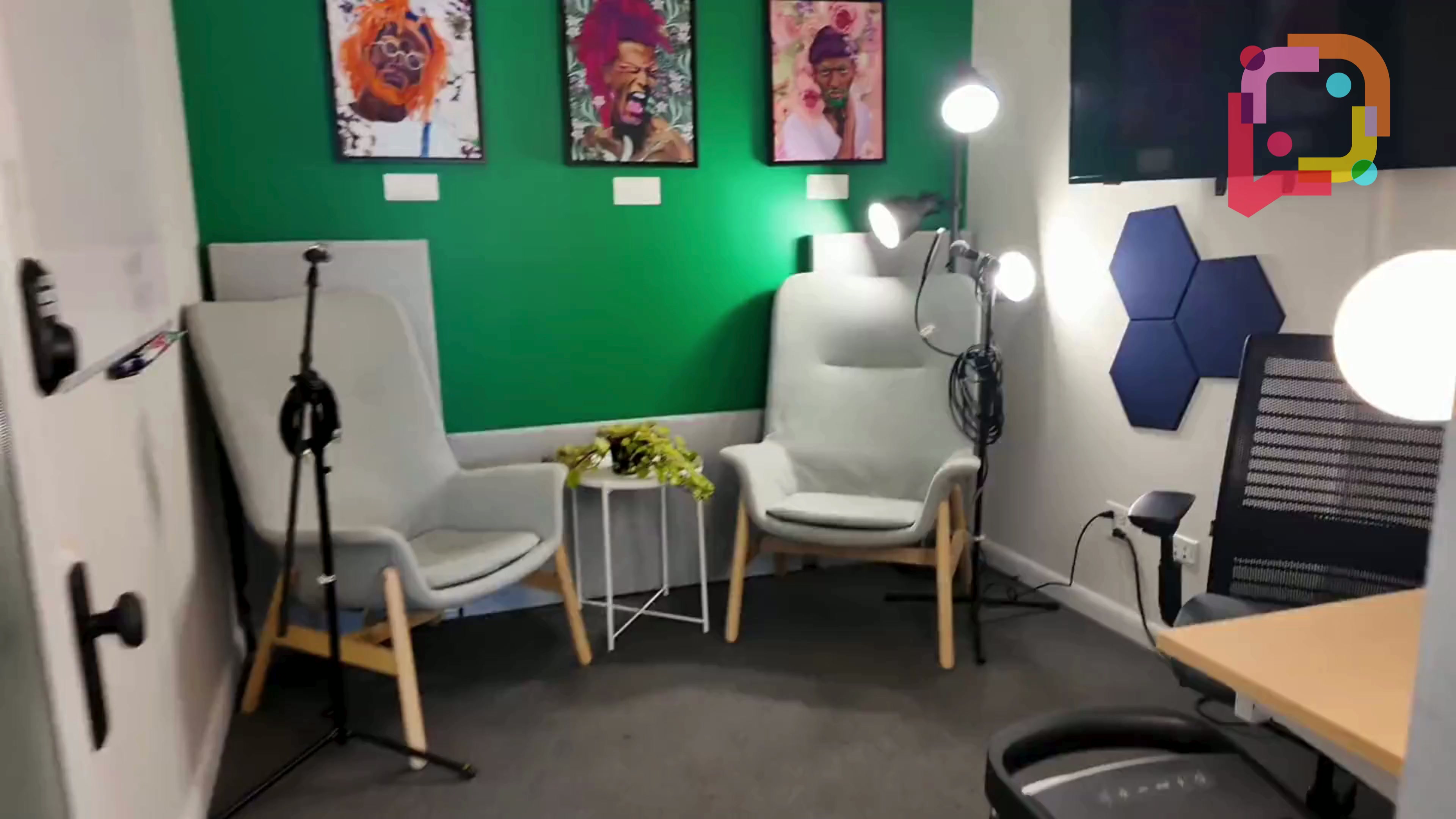 The Prism Spaces podcast studio with cameras, microphones and a treated room